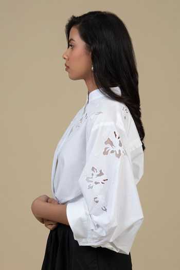 Bunka_White Cotton, Poplin Embroidery Mandarin Collar Ann Floral Cutwork Shirt _Online_at_Aza_Fashions
