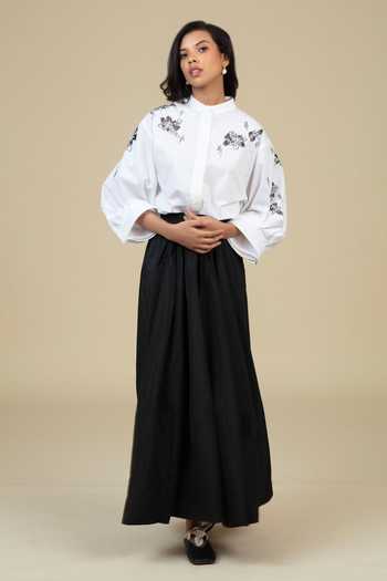Bunka_Black Cotton, Poplin Embroidery Mandarin Collar Ann Shirt _Online_at_Aza_Fashions