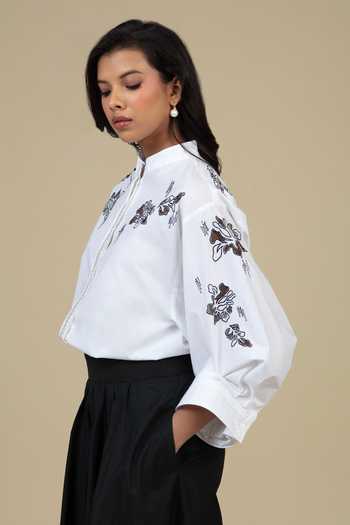 Buy_Bunka_Black Cotton, Poplin Embroidery Mandarin Collar Ann Shirt _Online_at_Aza_Fashions