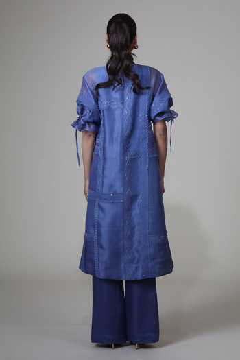 Shop Bunka Blue Organza Embroidery High Neck Bia Tunic Set at Aza Fashions Shop_Bunka_Blue Organza Embroidery High Neck Bia Tunic Set _at_Aza_Fashions