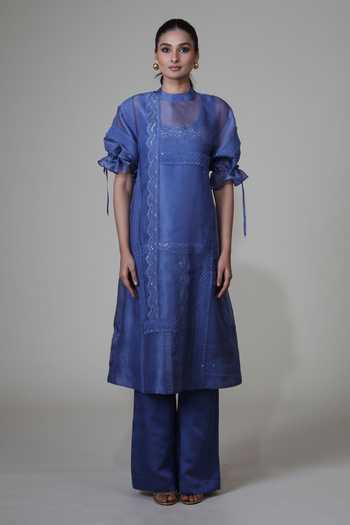 Buy Bunka Blue Organza Embroidery High Neck Bia Tunic Set Buy_Bunka_Blue Organza Embroidery High Neck Bia Tunic Set