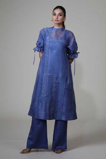 Buy Bunka Blue Organza Embroidery High Neck Bia Tunic Set at Aza Fashions Buy_Bunka_Blue Organza Embroidery High Neck Bia Tunic Set _at_Aza_Fashions