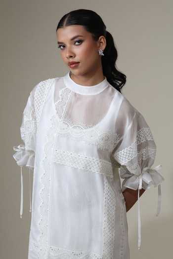 Bunka_Ivory Organza Lace High Neck Bia Kurta And Pant Set _at_Aza_Fashions