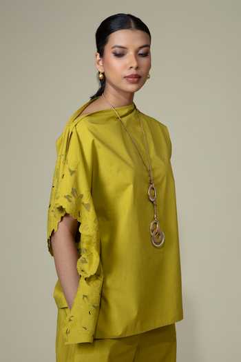 Bunka_Green Cotton, Poplin Cut Work High Neck Elena Asymmetric Sleeve Shirt  _Online_at_Aza_Fashions