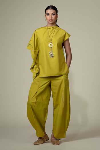 Buy_Bunka_Green Cotton, Poplin Cut Work High Neck Elena Asymmetric Sleeve Shirt  _Online_at_Aza_Fashions