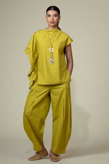 Shop_Bunka_Green Cotton, Poplin Cut Work High Neck Elena Asymmetric Sleeve Shirt  _Online_at_Aza_Fashions
