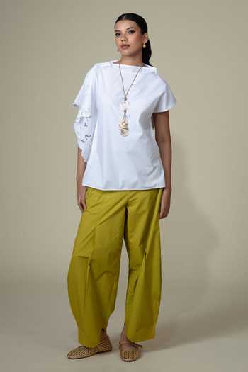 Bunka_White Cotton, Poplin Lace Boat Neck Elena Asymmetric Sleeve Shirt _Online_at_Aza_Fashions