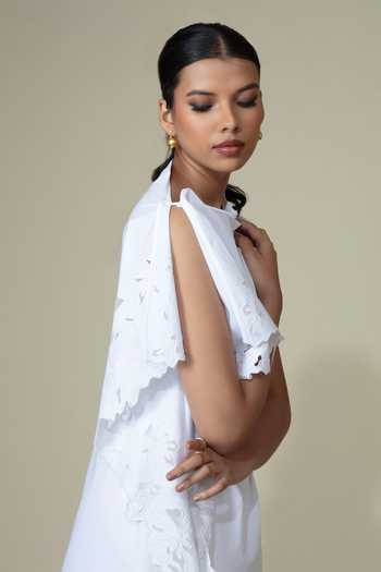 Buy_Bunka_White Cotton, Poplin Lace Boat Neck Elena Asymmetric Sleeve Shirt _Online_at_Aza_Fashions