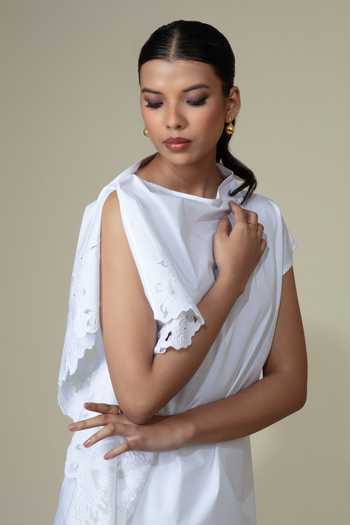 Shop_Bunka_White Cotton, Poplin Lace Boat Neck Elena Asymmetric Sleeve Shirt _Online_at_Aza_Fashions