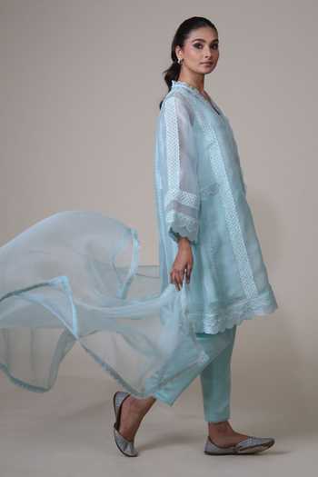 Bunka_Mint Organza Lace V-neck Farida Kurta Set _at_Aza_Fashions