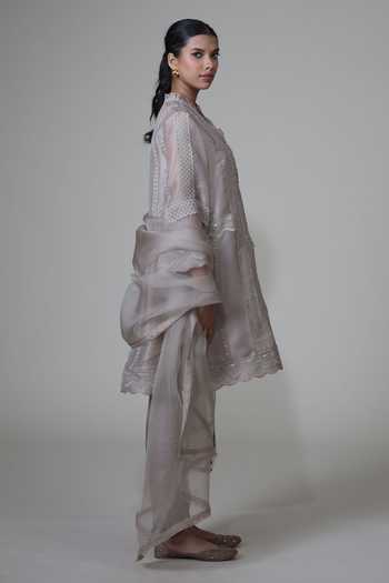 Bunka_Grey Organza Lace Split V-neck Farida Kurta Set _Online_at_Aza_Fashions