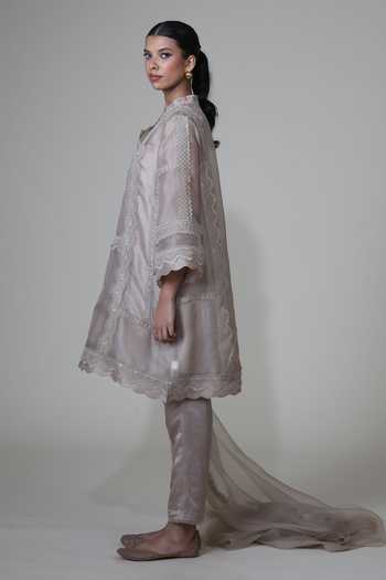 Buy_Bunka_Grey Organza Lace Split V-neck Farida Kurta Set _Online_at_Aza_Fashions