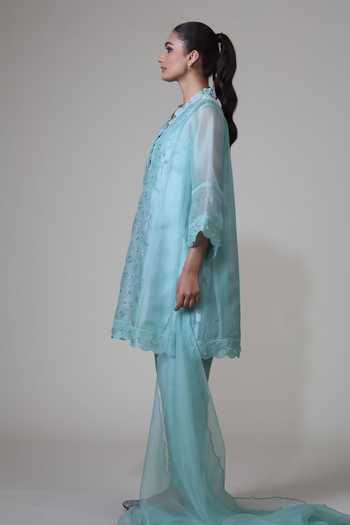 Bunka_Blue Organza Embroidery Split V-neck Farida Kurta Set _Online_at_Aza_Fashions