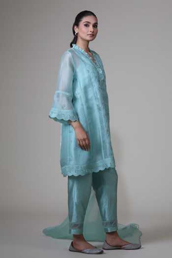 Shop_Bunka_Blue Organza Embroidery Split V-neck Farida Kurta Set _Online_at_Aza_Fashions