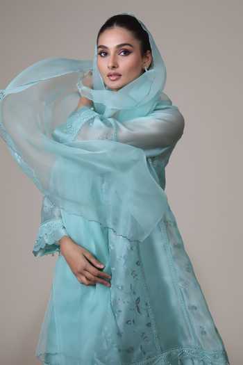 Bunka_Blue Organza Embroidery Split V-neck Farida Kurta Set _at_Aza_Fashions