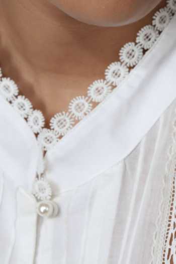 Bunka_Ivory Cotton, Voile Embroidery Mandarin Collar Ira Lace Insert Top _Online_at_Aza_Fashions