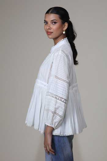 Buy_Bunka_Ivory Cotton, Voile Embroidery Mandarin Collar Ira Lace Insert Top _Online_at_Aza_Fashions