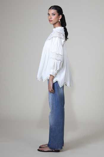 Bunka Ivory Cotton Lace High Neck Lea Pintuck Pleated Top Online at Aza Fashions Bunka_Ivory Cotton Lace High Neck Lea Pintuck Pleated Top _Online_at_Aza_Fashions