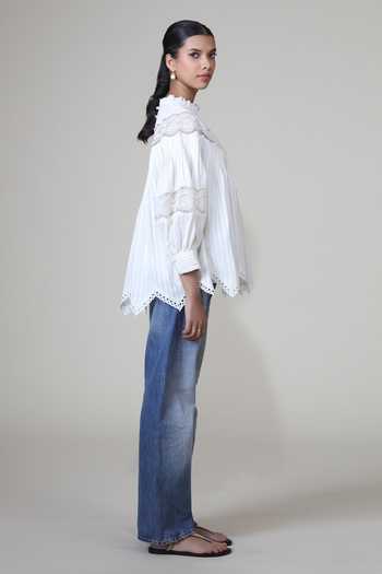Buy Bunka Ivory Cotton Lace High Neck Lea Pintuck Pleated Top Online at Aza Fashions Buy_Bunka_Ivory Cotton Lace High Neck Lea Pintuck Pleated Top _Online_at_Aza_Fashions