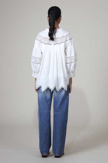 Shop Bunka Ivory Cotton Lace High Neck Lea Pintuck Pleated Top at Aza Fashions Shop_Bunka_Ivory Cotton Lace High Neck Lea Pintuck Pleated Top _at_Aza_Fashions