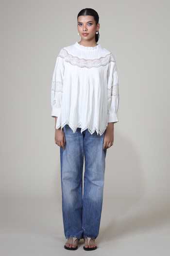Shop Bunka Ivory Cotton Lace High Neck Lea Pintuck Pleated Top Online at Aza Fashions Shop_Bunka_Ivory Cotton Lace High Neck Lea Pintuck Pleated Top _Online_at_Aza_Fashions