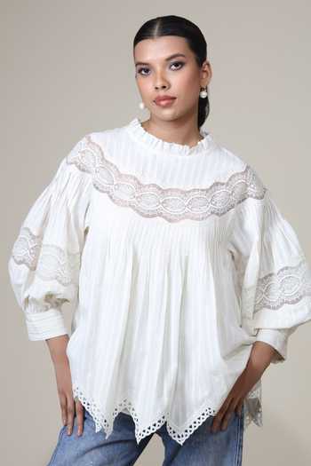 Buy Bunka Ivory Cotton Lace High Neck Lea Pintuck Pleated Top at Aza Fashions Buy_Bunka_Ivory Cotton Lace High Neck Lea Pintuck Pleated Top _at_Aza_Fashions