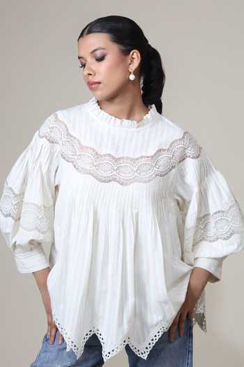 Buy Bunka Ivory Cotton Lace High Neck Lea Pintuck Pleated Top Buy_Bunka_Ivory Cotton Lace High Neck Lea Pintuck Pleated Top