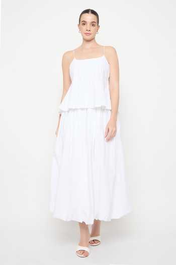 Bunka_White Cotton, Poplin Square Neck Lisa Layered Hem Top _Online_at_Aza_Fashions
