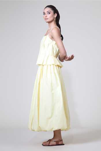 Bunka_Yellow Cotton, Poplin Square Neck Lisa Pleated Spaghetti Strap Top _Online_at_Aza_Fashions