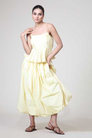 Buy_Bunka_Yellow Cotton, Poplin Square Neck Lisa Pleated Spaghetti Strap Top _Online_at_Aza_Fashions
