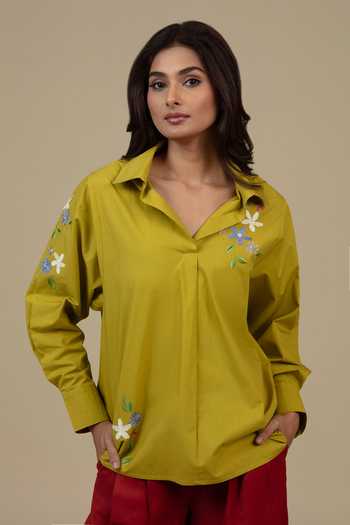 Buy Bunka Green Cotton, Poplin Embroidery Collared Nisha Placed Shirt at Aza Fashions Buy_Bunka_Green Cotton, Poplin Embroidery Collared Nisha Placed Shirt _at_Aza_Fashions