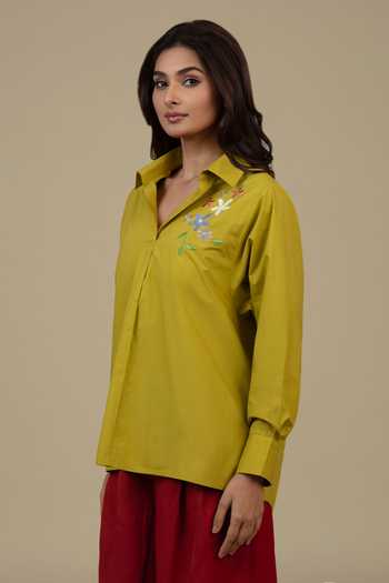 Buy Bunka Green Cotton, Poplin Embroidery Collared Nisha Placed Shirt Online at Aza Fashions Buy_Bunka_Green Cotton, Poplin Embroidery Collared Nisha Placed Shirt _Online_at_Aza_Fashions