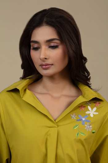 Shop Bunka Green Cotton, Poplin Embroidery Collared Nisha Placed Shirt Online at Aza Fashions Shop_Bunka_Green Cotton, Poplin Embroidery Collared Nisha Placed Shirt _Online_at_Aza_Fashions