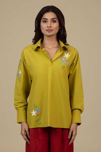 Shop Bunka Green Cotton, Poplin Embroidery Collared Nisha Placed Shirt at Aza Fashions Shop_Bunka_Green Cotton, Poplin Embroidery Collared Nisha Placed Shirt _at_Aza_Fashions