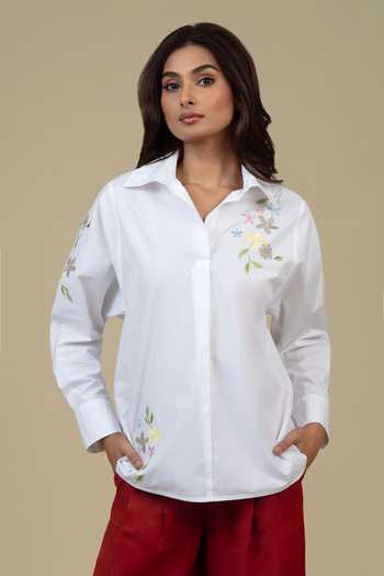 Buy Bunka White Cotton, Poplin Embroidery Collared Nisha Placed Shirt at Aza Fashions Buy_Bunka_White Cotton, Poplin Embroidery Collared Nisha Placed Shirt _at_Aza_Fashions