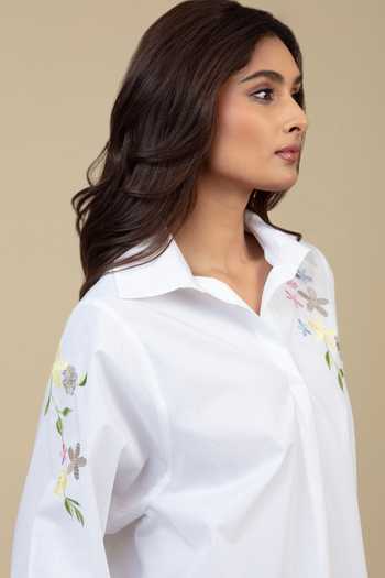 Bunka White Cotton, Poplin Embroidery Collared Nisha Placed Shirt Online at Aza Fashions Bunka_White Cotton, Poplin Embroidery Collared Nisha Placed Shirt _Online_at_Aza_Fashions