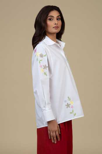 Shop Bunka White Cotton, Poplin Embroidery Collared Nisha Placed Shirt at Aza Fashions Shop_Bunka_White Cotton, Poplin Embroidery Collared Nisha Placed Shirt _at_Aza_Fashions