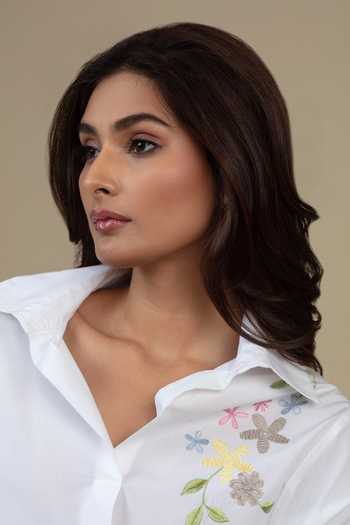 Shop Bunka White Cotton, Poplin Embroidery Collared Nisha Placed Shirt Online at Aza Fashions Shop_Bunka_White Cotton, Poplin Embroidery Collared Nisha Placed Shirt _Online_at_Aza_Fashions