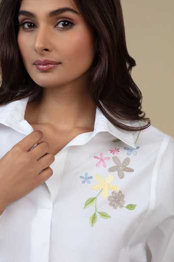 Bunka White Cotton, Poplin Embroidery Collared Nisha Placed Shirt at Aza Fashions Bunka_White Cotton, Poplin Embroidery Collared Nisha Placed Shirt _at_Aza_Fashions
