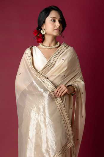 Shop_Monika Mathuria Datta_Ivory Silk, Cotton Embroidery, Zari Hand Saree _Online_at_Aza_Fashions