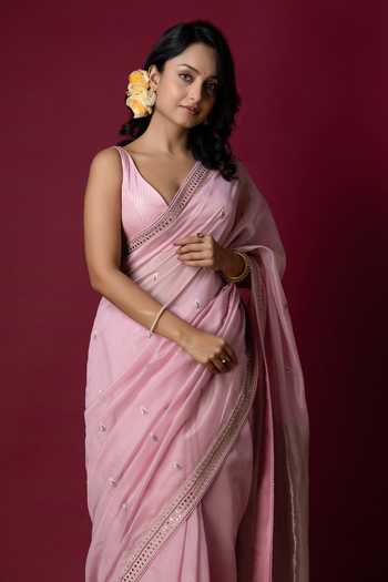 Shop_Monika Mathuria Datta_Pink Silk, Cotton Embroidery, Zari Hand Saree _Online_at_Aza_Fashions