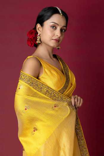 Monika Mathuria Datta_Yellow Silk Embroidery, Zari, Tassels Zardozi Saree _Online_at_Aza_Fashions