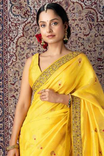 Buy_Monika Mathuria Datta_Yellow Silk Embroidery, Zari, Tassels Zardozi Saree _Online_at_Aza_Fashions