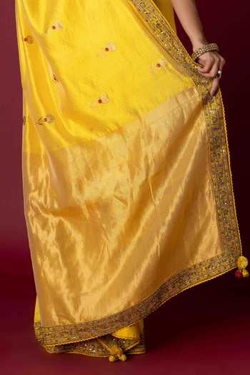 Shop_Monika Mathuria Datta_Yellow Silk Embroidery, Zari, Tassels Zardozi Saree _Online_at_Aza_Fashions