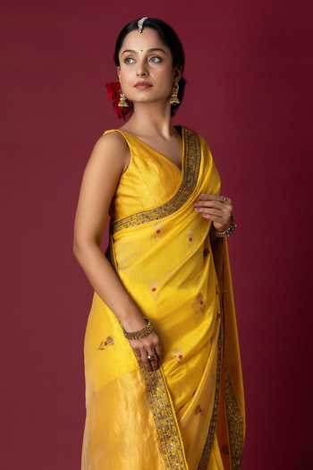 Monika Mathuria Datta_Yellow Silk Embroidery, Zari, Tassels Zardozi Saree _at_Aza_Fashions