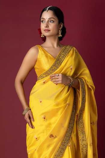 Buy_Monika Mathuria Datta_Yellow Silk Embroidery, Zari, Tassels Zardozi Saree 