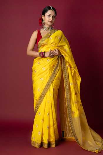 Shop Monika Mathuria Datta Yellow Silk Embroidery, Zari And Zardozi Hand Saree Online at Aza Fashions Shop_Monika Mathuria Datta_Yellow Silk Embroidery, Zari And Zardozi Hand Saree _Online_at_Aza_Fashions