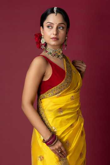 Buy Monika Mathuria Datta Yellow Silk Embroidery, Zari And Zardozi Hand Saree Buy_Monika Mathuria Datta_Yellow Silk Embroidery, Zari And Zardozi Hand Saree