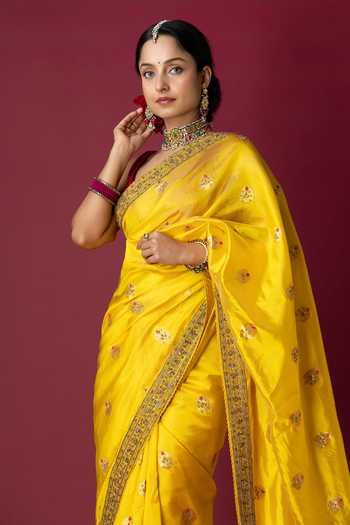 Shop Monika Mathuria Datta Yellow Silk Embroidery, Zari And Zardozi Hand Saree Shop_Monika Mathuria Datta_Yellow Silk Embroidery, Zari And Zardozi Hand Saree