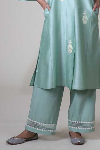 Bunka_Mint Chanderi, Cotton, Poplin Embroidery V-neck Ambreen Kurta And Pant Set _Online_at_Aza_Fashions